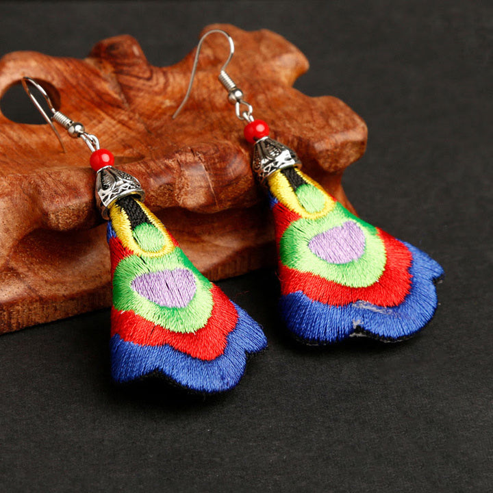 Buddha Stones Handmade Colorful Yi Embroidery Harmony Earrings - Outermost Color-Royal Blue(Alloy Posts) - image 3