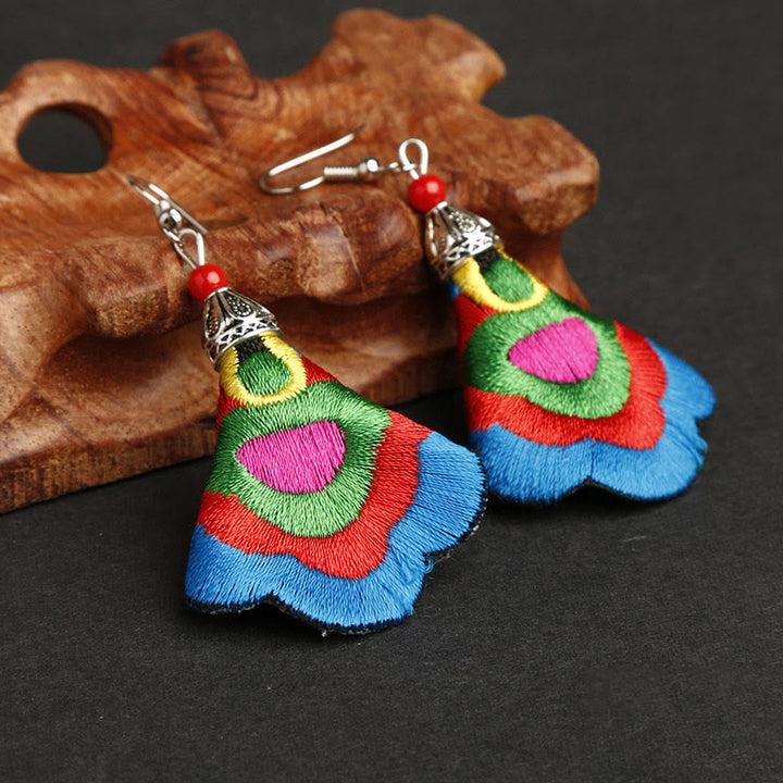 Buddha Stones Handmade Colorful Yi Embroidery Harmony Earrings - Outermost Color-Sky Blue(Alloy Posts) - image 6