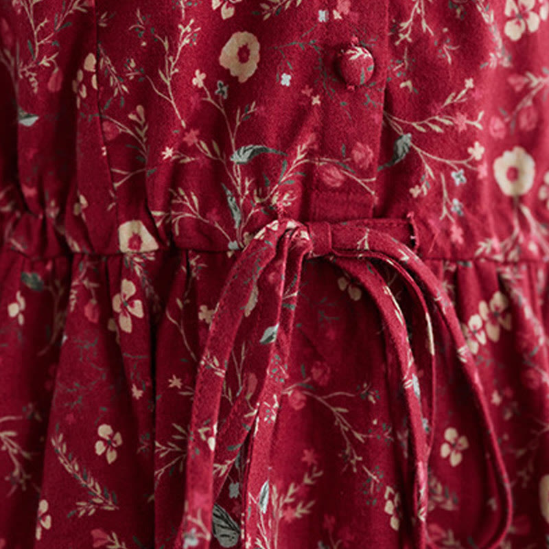 Buddha Stones Ethnic Printing Drawstring Long Sleeve Cotton Linen Midi Dress With Pockets - image 14