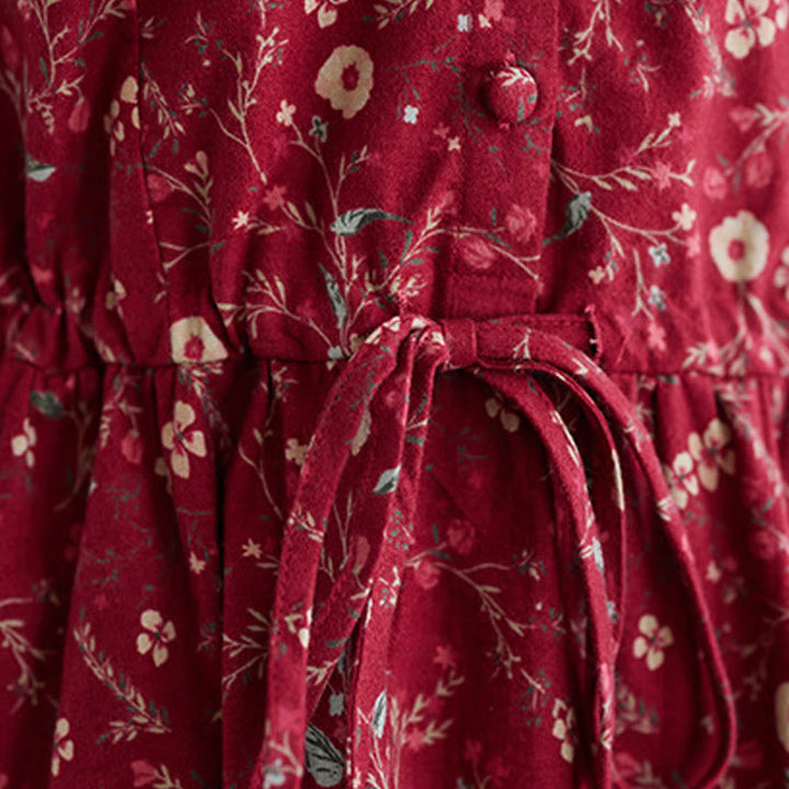 Buddha Stones Ethnic Printing Drawstring Long Sleeve Cotton Linen Midi Dress With Pockets - image 14