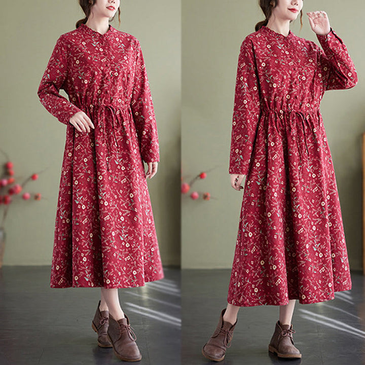 Buddha Stones Ethnic Printing Drawstring Long Sleeve Cotton Linen Midi Dress With Pockets - image 10