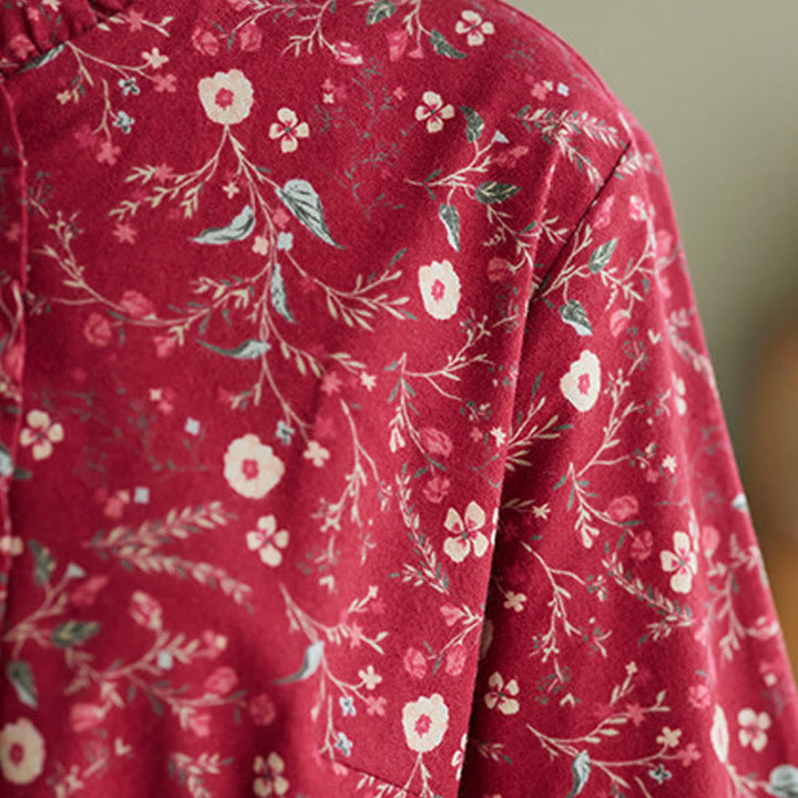 Buddha Stones Ethnic Printing Drawstring Long Sleeve Cotton Linen Midi Dress With Pockets - image 13