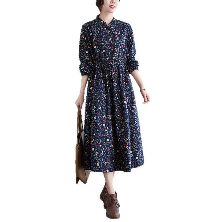 Buddha Stones Ethnic Printing Drawstring Long Sleeve Cotton Linen Midi Dress With Pockets - image 4