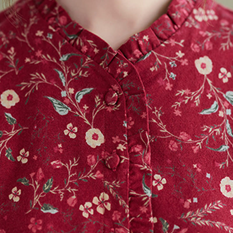 Buddha Stones Ethnic Printing Drawstring Long Sleeve Cotton Linen Midi Dress With Pockets - image 11