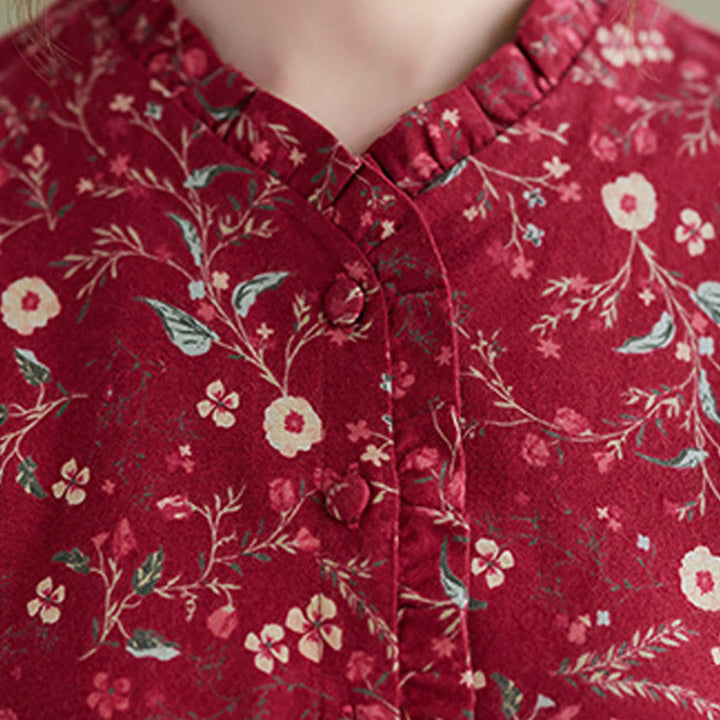 Buddha Stones Ethnic Printing Drawstring Long Sleeve Cotton Linen Midi Dress With Pockets - image 11