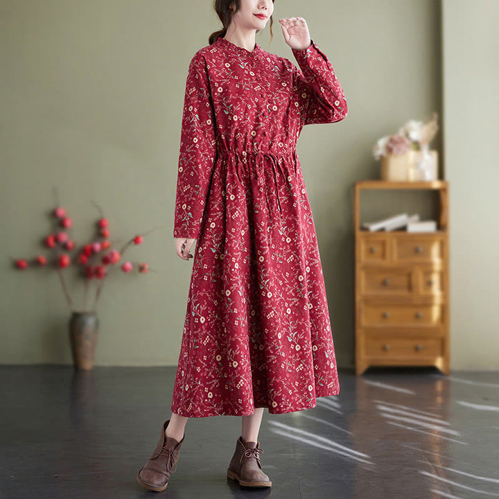 Buddha Stones Ethnic Printing Drawstring Long Sleeve Cotton Linen Midi Dress With Pockets - Crimson - US8-10,UK/AU12-14,EU40-42 (2XL) - image 5