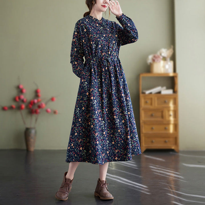 Buddha Stones Ethnic Printing Drawstring Long Sleeve Cotton Linen Midi Dress With Pockets - image 2
