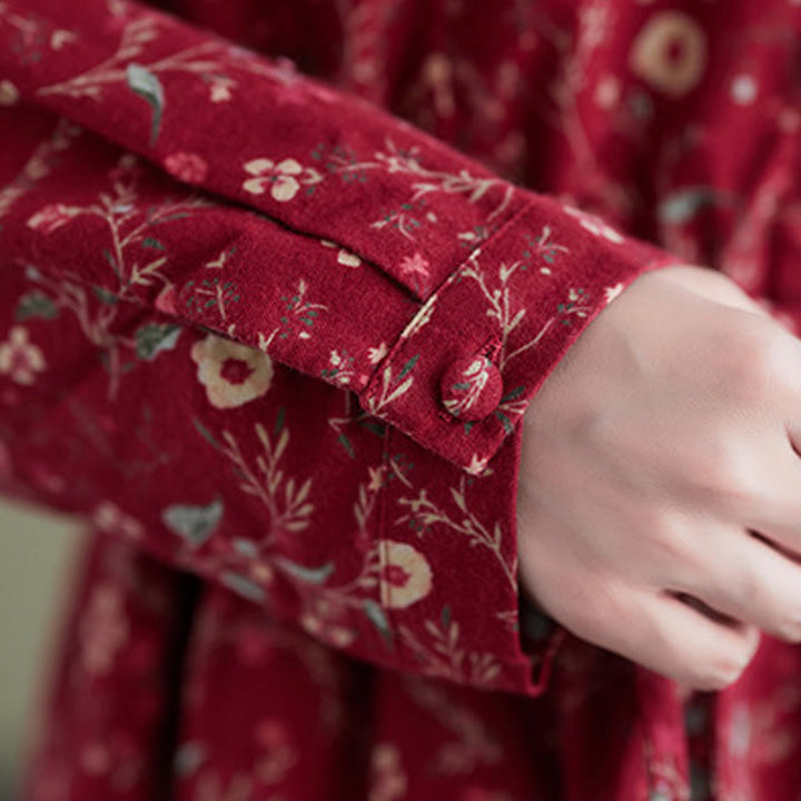 Buddha Stones Ethnic Printing Drawstring Long Sleeve Cotton Linen Midi Dress With Pockets - image 16