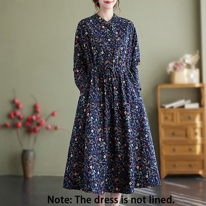 Buddha Stones Ethnic Printing Drawstring Long Sleeve Cotton Linen Midi Dress With Pockets - image 1