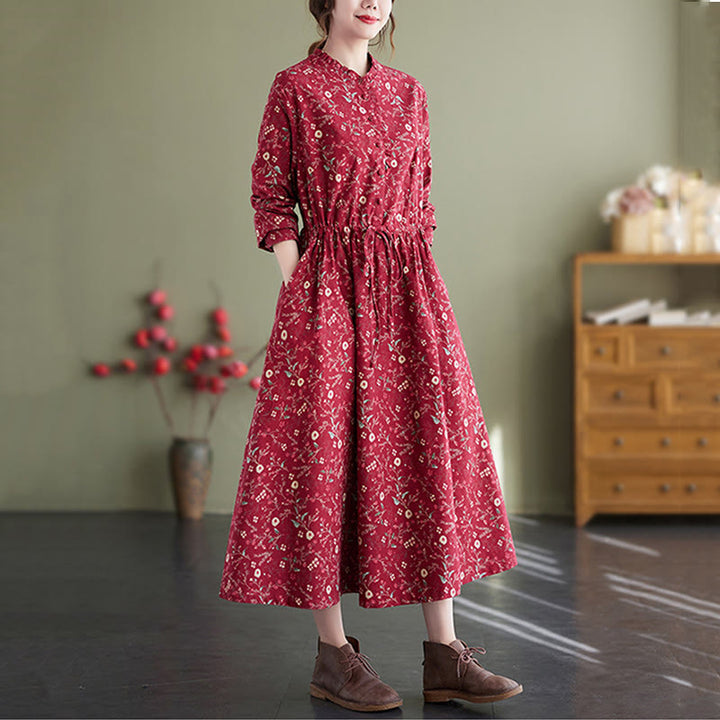 Buddha Stones Ethnic Printing Drawstring Long Sleeve Cotton Linen Midi Dress With Pockets - image 7