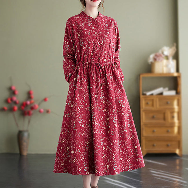 Buddha Stones Ethnic Printing Drawstring Long Sleeve Cotton Linen Midi Dress With Pockets - image 9