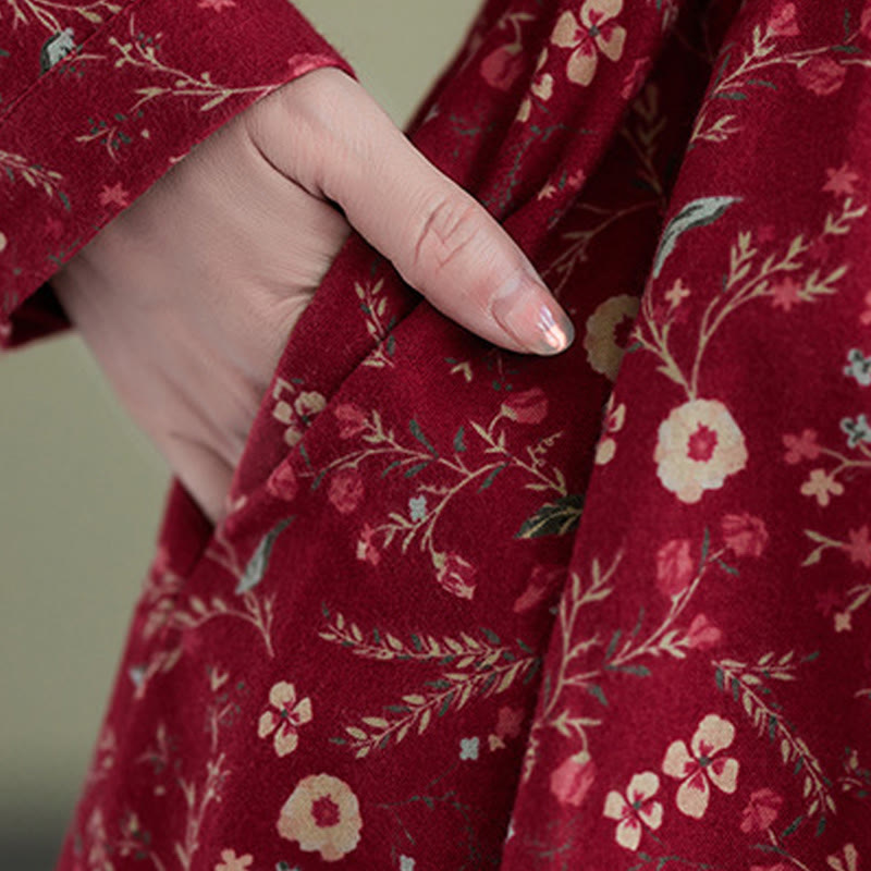 Buddha Stones Ethnic Printing Drawstring Long Sleeve Cotton Linen Midi Dress With Pockets - image 15