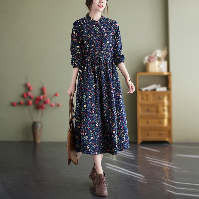 Buddha Stones Ethnic Printing Drawstring Long Sleeve Cotton Linen Midi Dress With Pockets - MidnightBlue - US8-10,UK/AU12-14,EU40-42 (2XL) - image 0