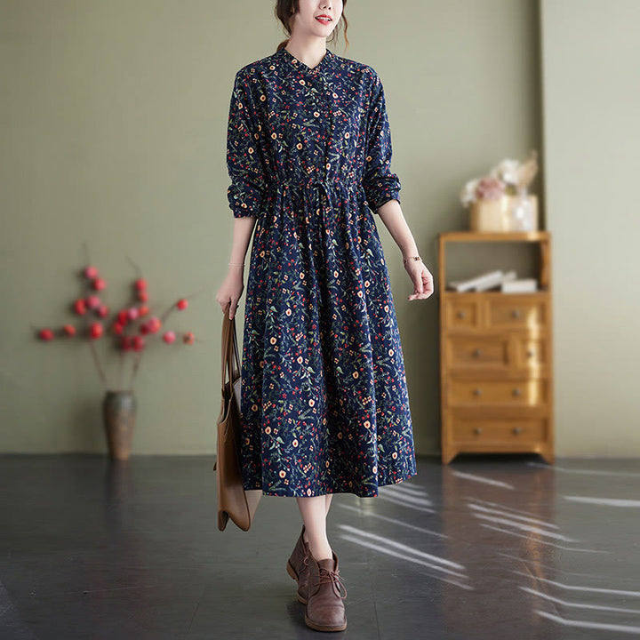 Buddha Stones Ethnic Printing Drawstring Long Sleeve Cotton Linen Midi Dress With Pockets - MidnightBlue - US8-10,UK/AU12-14,EU40-42 (2XL) - image 0