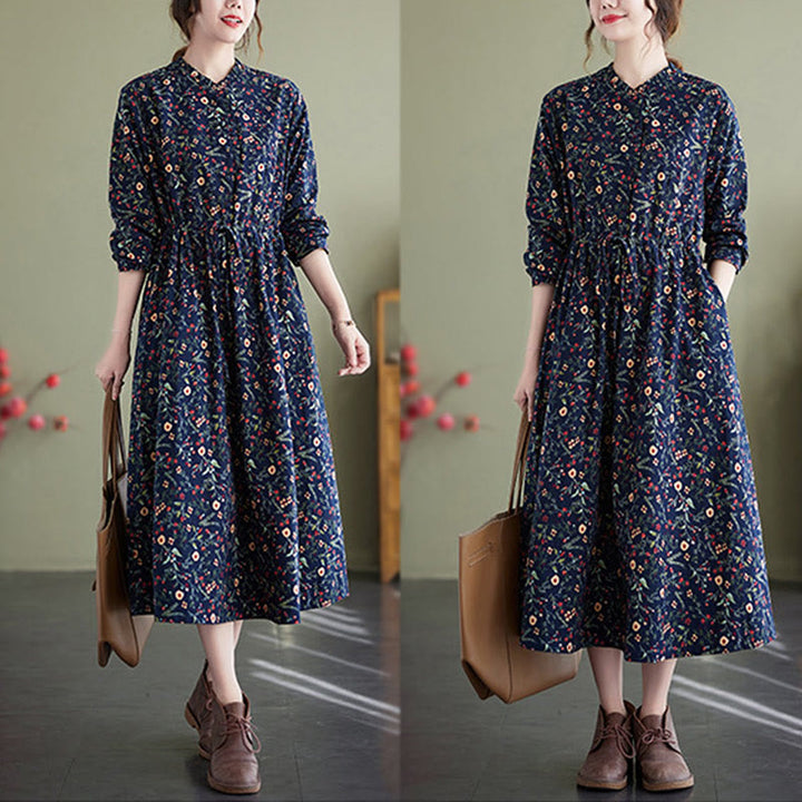 Buddha Stones Ethnic Printing Drawstring Long Sleeve Cotton Linen Midi Dress With Pockets - image 3