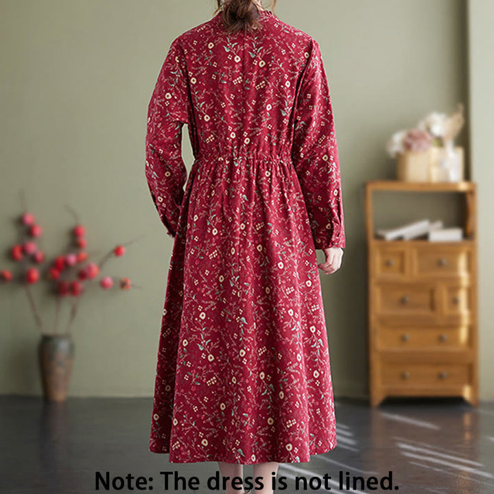 Buddha Stones Ethnic Printing Drawstring Long Sleeve Cotton Linen Midi Dress With Pockets - image 6