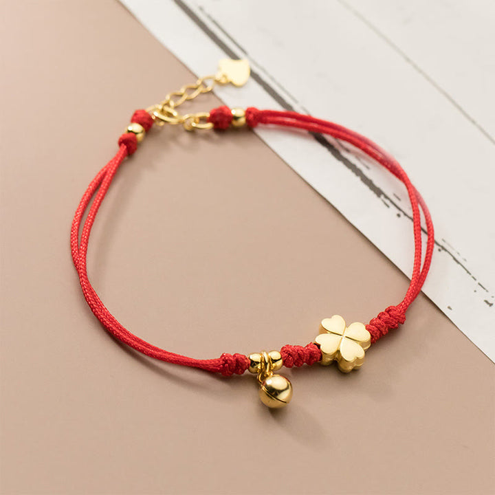 Buddha Stones 925 Sterling Silver Plated Gold Four Leaf Clover Red String Connection Bracelet - 925 Sterling Silver(Wrist Circumference: 15-17cm) - image 0