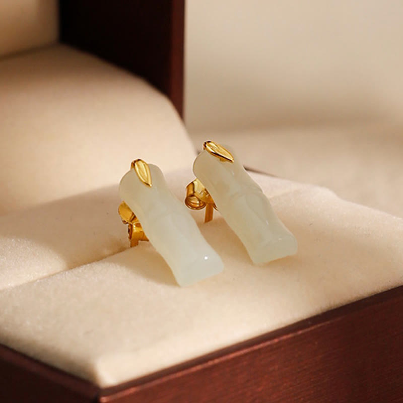 Buddha Stones Bamboo Hetian Jade 925 Sterling Silver Leaf Wealth Earrings - image 3