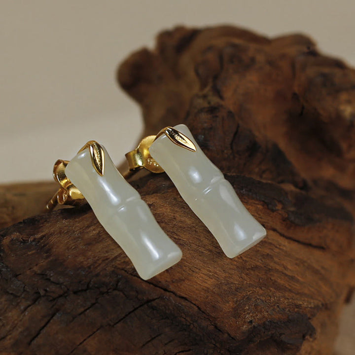 Buddha Stones Bamboo Hetian Jade 925 Sterling Silver Leaf Wealth Earrings - Hetian Jade Polished(925 Sterling Silver Posts) - Short Bamboo Leaves - image 1