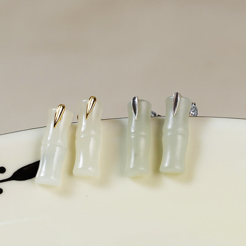 Buddha Stones Bamboo Hetian Jade 925 Sterling Silver Leaf Wealth Earrings - image 13