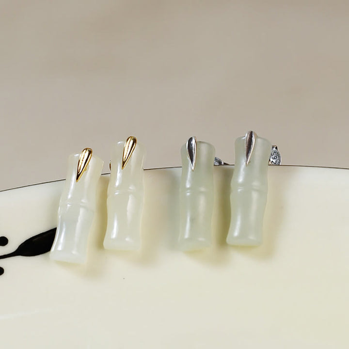 Buddha Stones Bamboo Hetian Jade 925 Sterling Silver Leaf Wealth Earrings - image 13