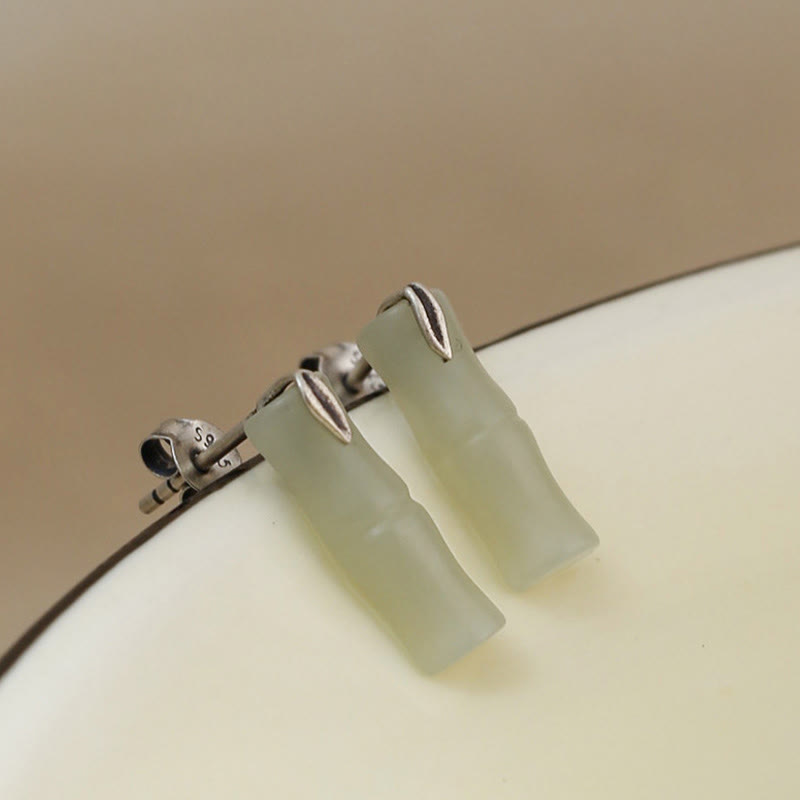 Buddha Stones Bamboo Hetian Jade 925 Sterling Silver Leaf Wealth Earrings - Hetian Jade Matte(925 Sterling Silver Posts) - Short Bamboo Leaves - image 9