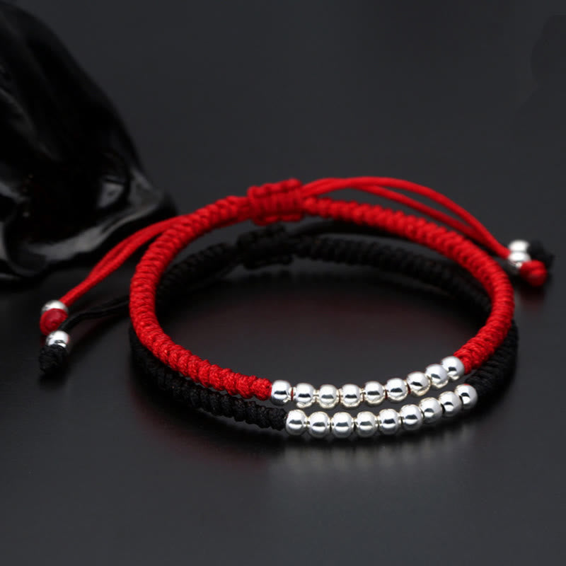 Buddha Stones Retro 925 Sterling Silver Simple Beads Knot Design Luck String Bracelet - image 2