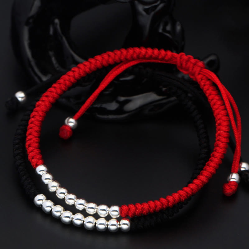 Buddha Stones Retro 925 Sterling Silver Simple Beads Knot Design Luck String Bracelet - image 4