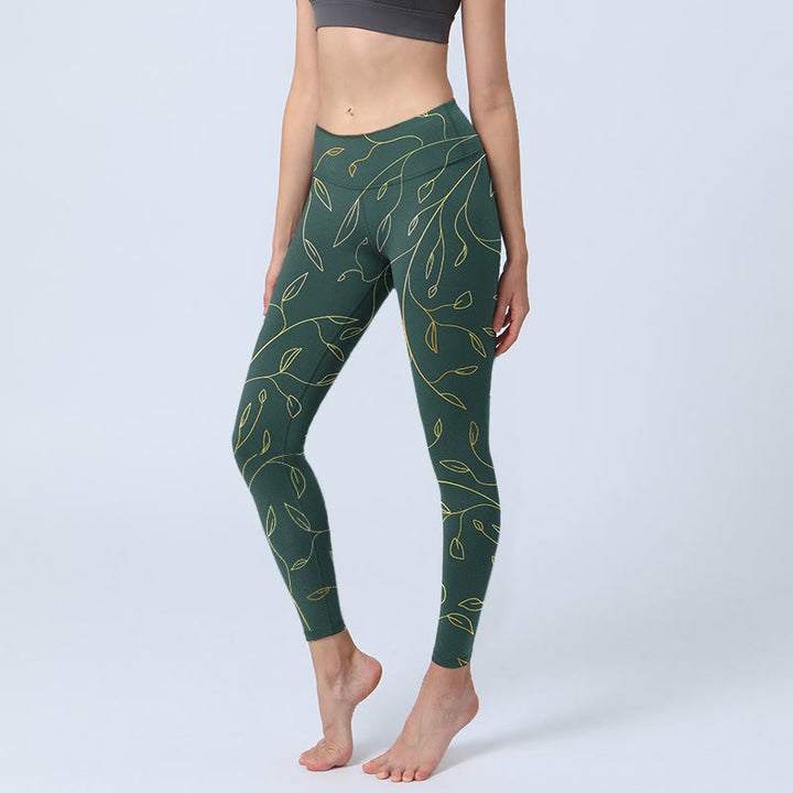 Buddha Stones Green Golden Leaves Branches Print Gym Leggings Women's Yoga Pants - SeaGreen - US18,UK/AU22,EU50 (4XL) - image 0