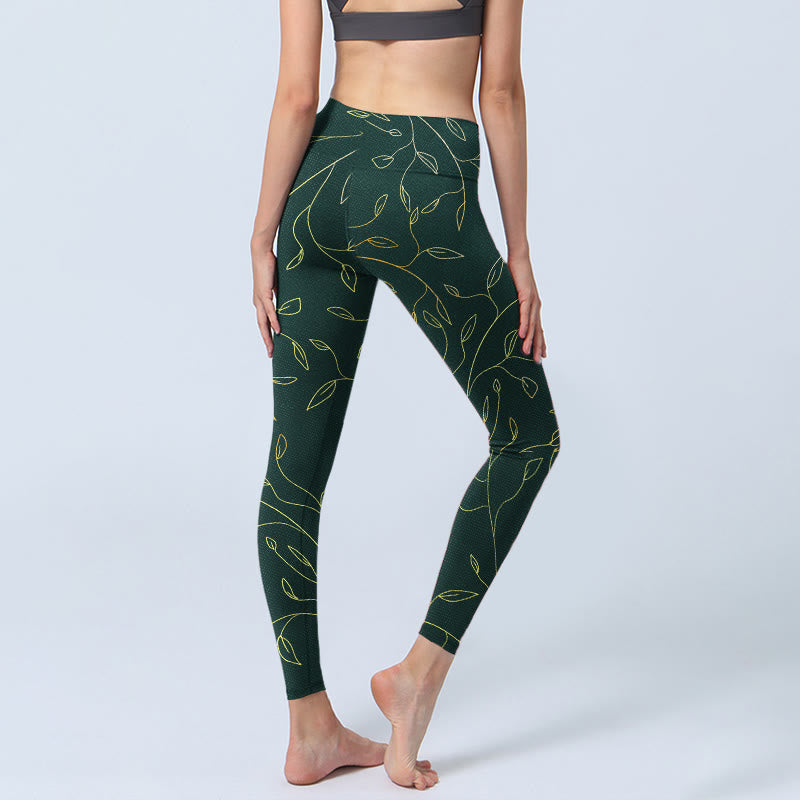 Buddha Stones Green Golden Leaves Branches Print Gym Leggings Women's Yoga Pants - image 4