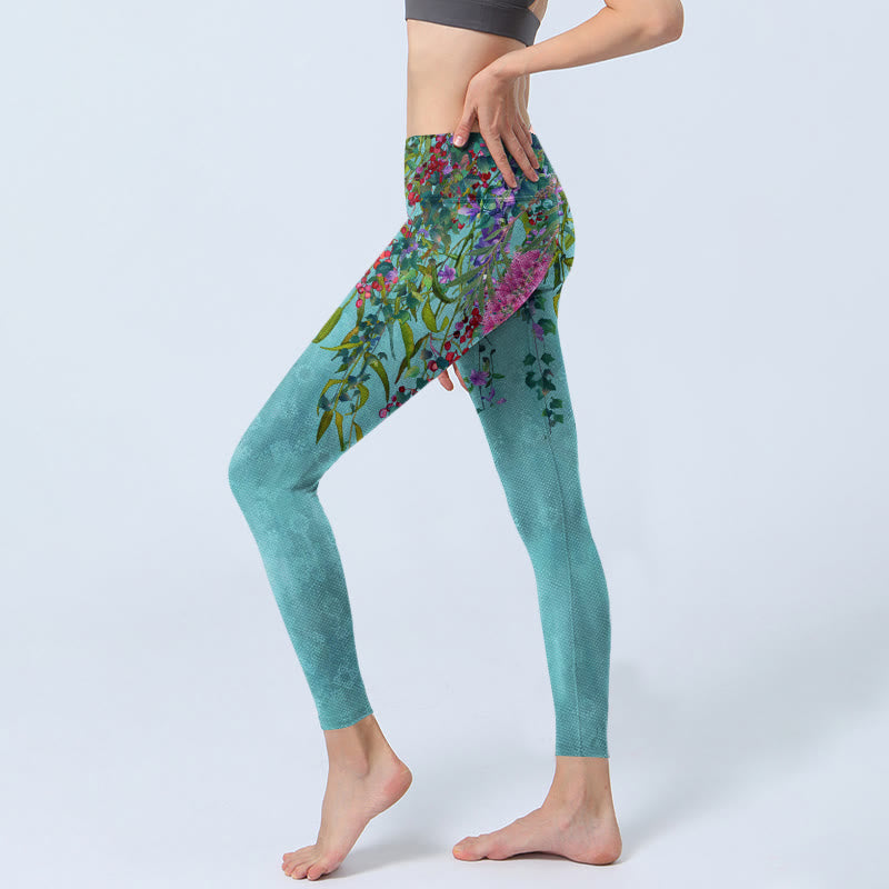 Buddha Stones Vibrant Flowers Green Willow Leaves Print Gym Leggings Women's Yoga Pants - image 2