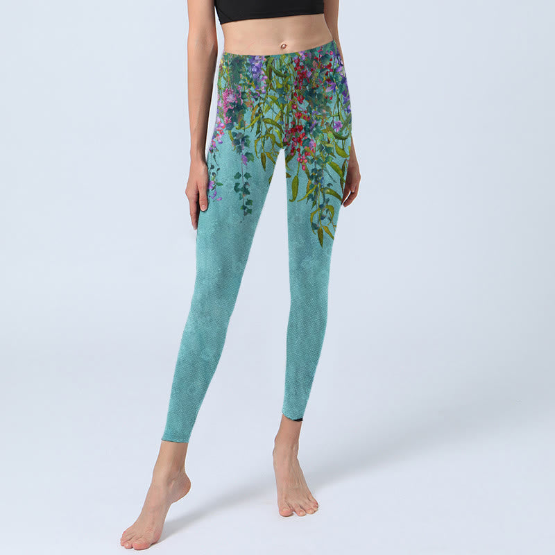 Buddha Stones Vibrant Flowers Green Willow Leaves Print Gym Leggings Women's Yoga Pants - image 5