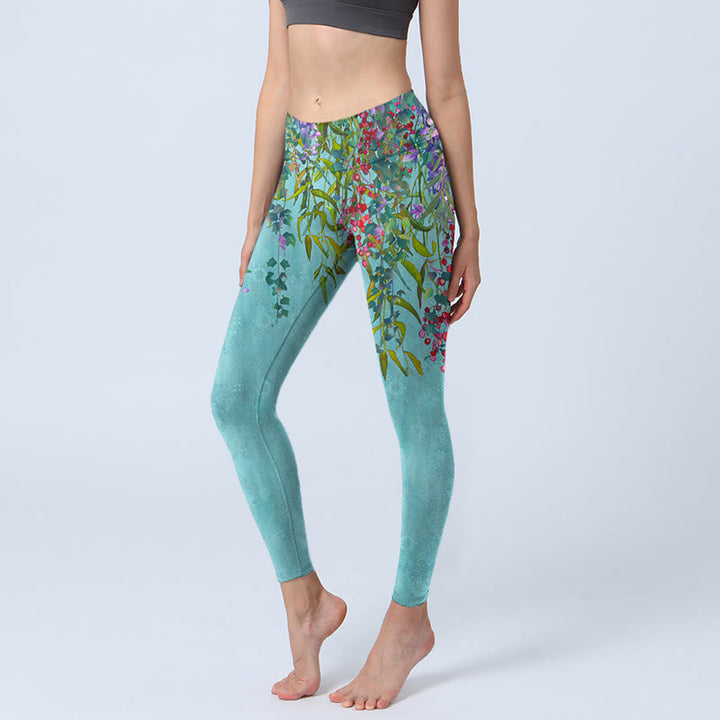 Buddha Stones Vibrant Flowers Green Willow Leaves Print Gym Leggings Women's Yoga Pants - MediumTurquoise - US18,UK/AU22,EU50 (4XL) - image 0