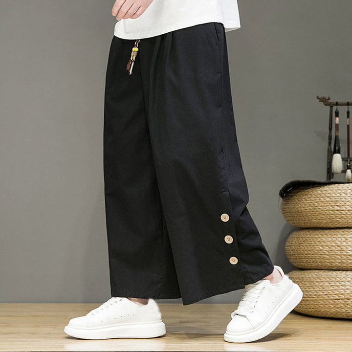 Buddha Stones Solid Color Linen Buttons Drawstring Men's Straight Leg Pants With Pockets - Black - US/UK/AU46,EU56 (5XL) - image 7