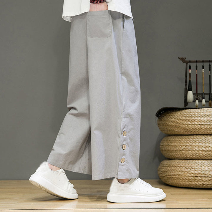 Buddha Stones Solid Color Linen Buttons Drawstring Men's Straight Leg Pants With Pockets - image 18