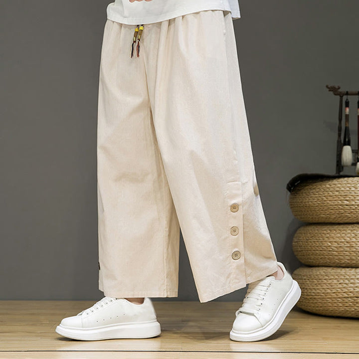 Buddha Stones Solid Color Linen Buttons Drawstring Men's Straight Leg Pants With Pockets - Beige - US/UK/AU46,EU56 (5XL) - image 0