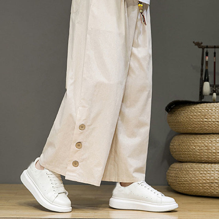 Buddha Stones Solid Color Linen Buttons Drawstring Men's Straight Leg Pants With Pockets - image 5