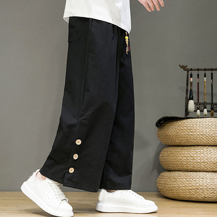 Buddha Stones Solid Color Linen Buttons Drawstring Men's Straight Leg Pants With Pockets - image 13