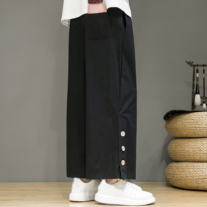 Buddha Stones Solid Color Linen Buttons Drawstring Men's Straight Leg Pants With Pockets - image 10
