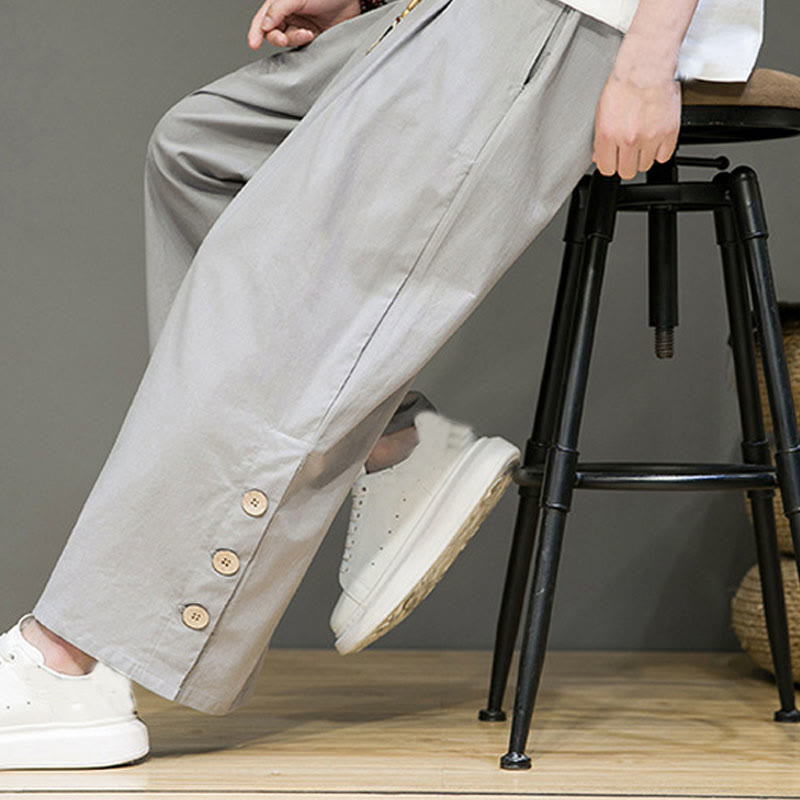 Buddha Stones Solid Color Linen Buttons Drawstring Men's Straight Leg Pants With Pockets - image 24