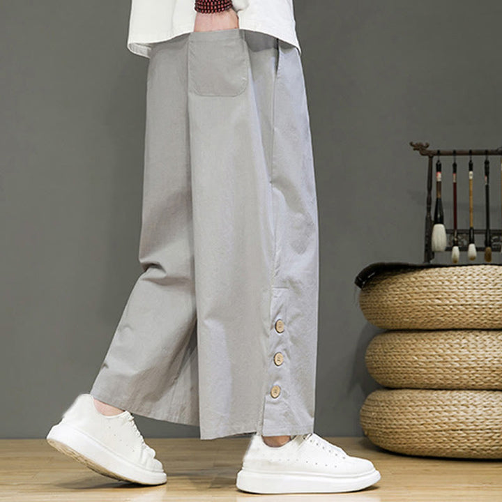 Buddha Stones Solid Color Linen Buttons Drawstring Men's Straight Leg Pants With Pockets - image 22
