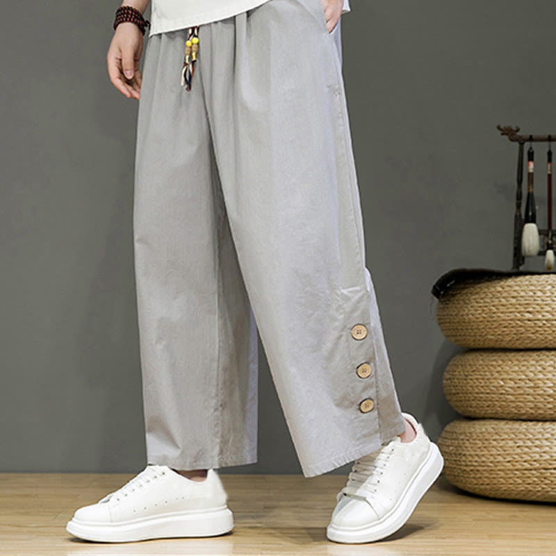 Buddha Stones Solid Color Linen Buttons Drawstring Men's Straight Leg Pants With Pockets - LightGrey - US/UK/AU46,EU56 (5XL) - image 16