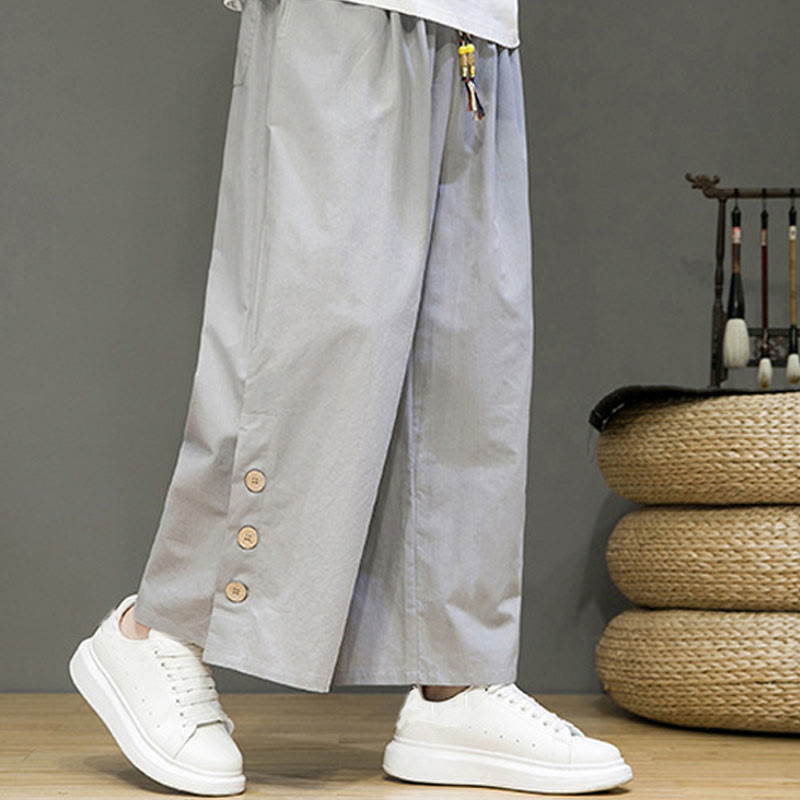 Buddha Stones Solid Color Linen Buttons Drawstring Men's Straight Leg Pants With Pockets - image 20