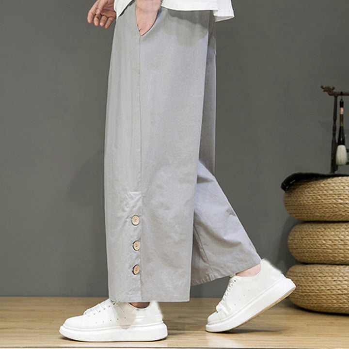 Buddha Stones Solid Color Linen Buttons Drawstring Men's Straight Leg Pants With Pockets - image 23