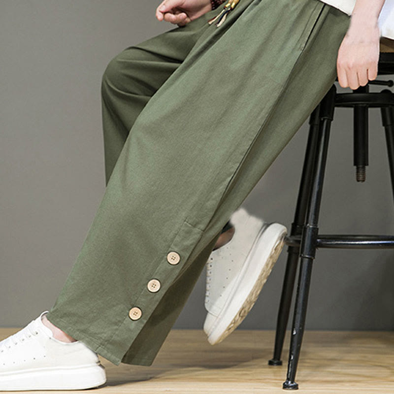 Buddha Stones Solid Color Linen Buttons Drawstring Men's Straight Leg Pants With Pockets - image 32
