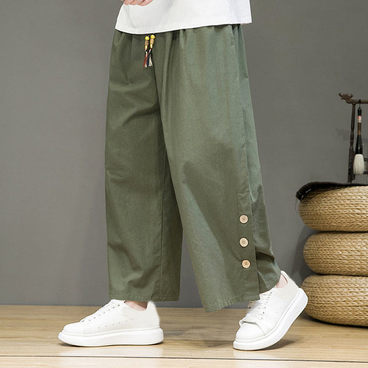 Buddha Stones Solid Color Linen Buttons Drawstring Men's Straight Leg Pants With Pockets - DarkSeaGreen - US/UK/AU46,EU56 (5XL) - image 25