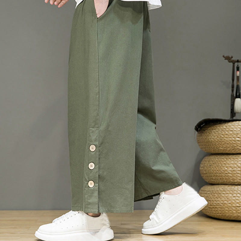 Buddha Stones Solid Color Linen Buttons Drawstring Men's Straight Leg Pants With Pockets - image 31