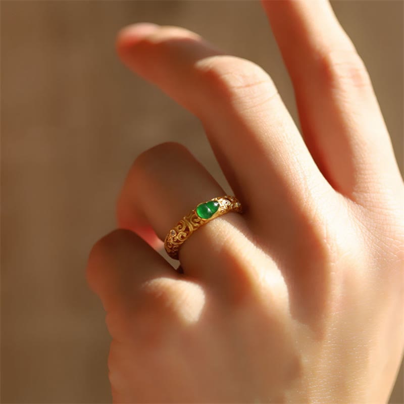 Buddha Stones Vintage Gourd Green Chalcedony Copper Alloy Wealth Ring - image 14