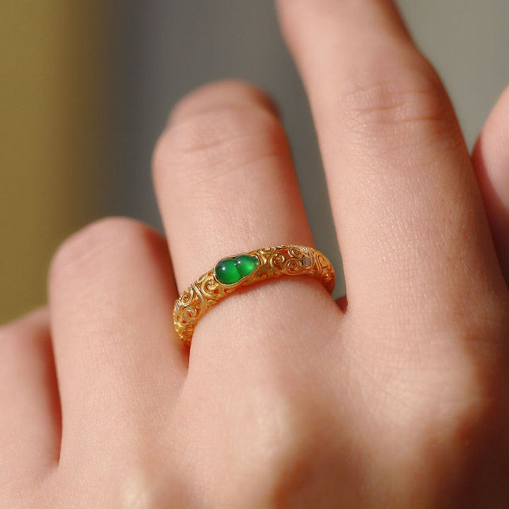 Buddha Stones Vintage Gourd Green Chalcedony Copper Alloy Wealth Ring - image 12