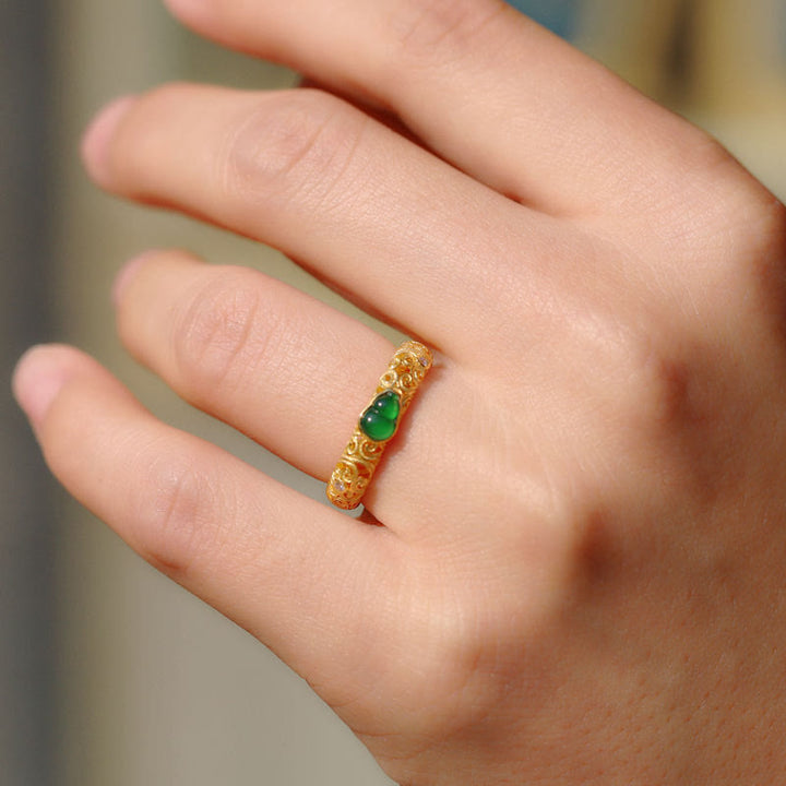 Buddha Stones Vintage Gourd Green Chalcedony Copper Alloy Wealth Ring - image 13